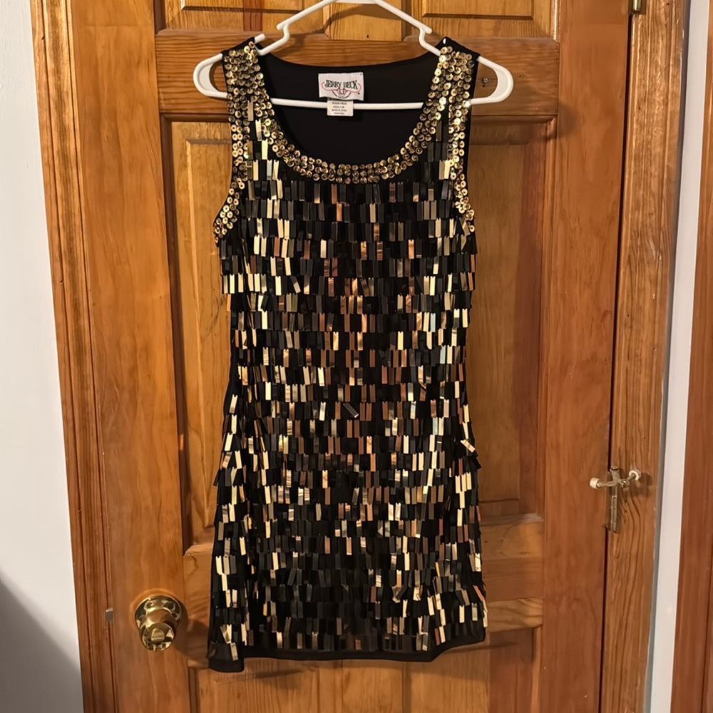 Black and gold sequin dress by Jerry Beck